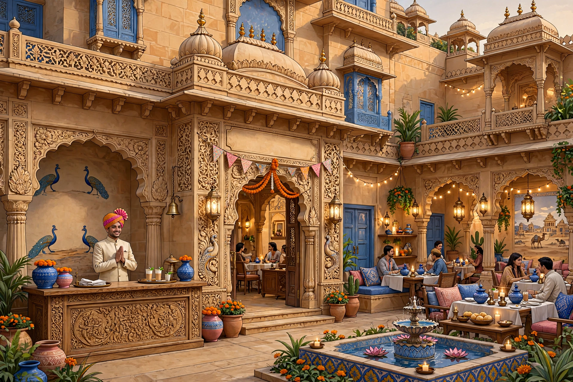Illustrated Rajasthani heritage hotel courtyard with arches, restaurant tables and welcoming staff