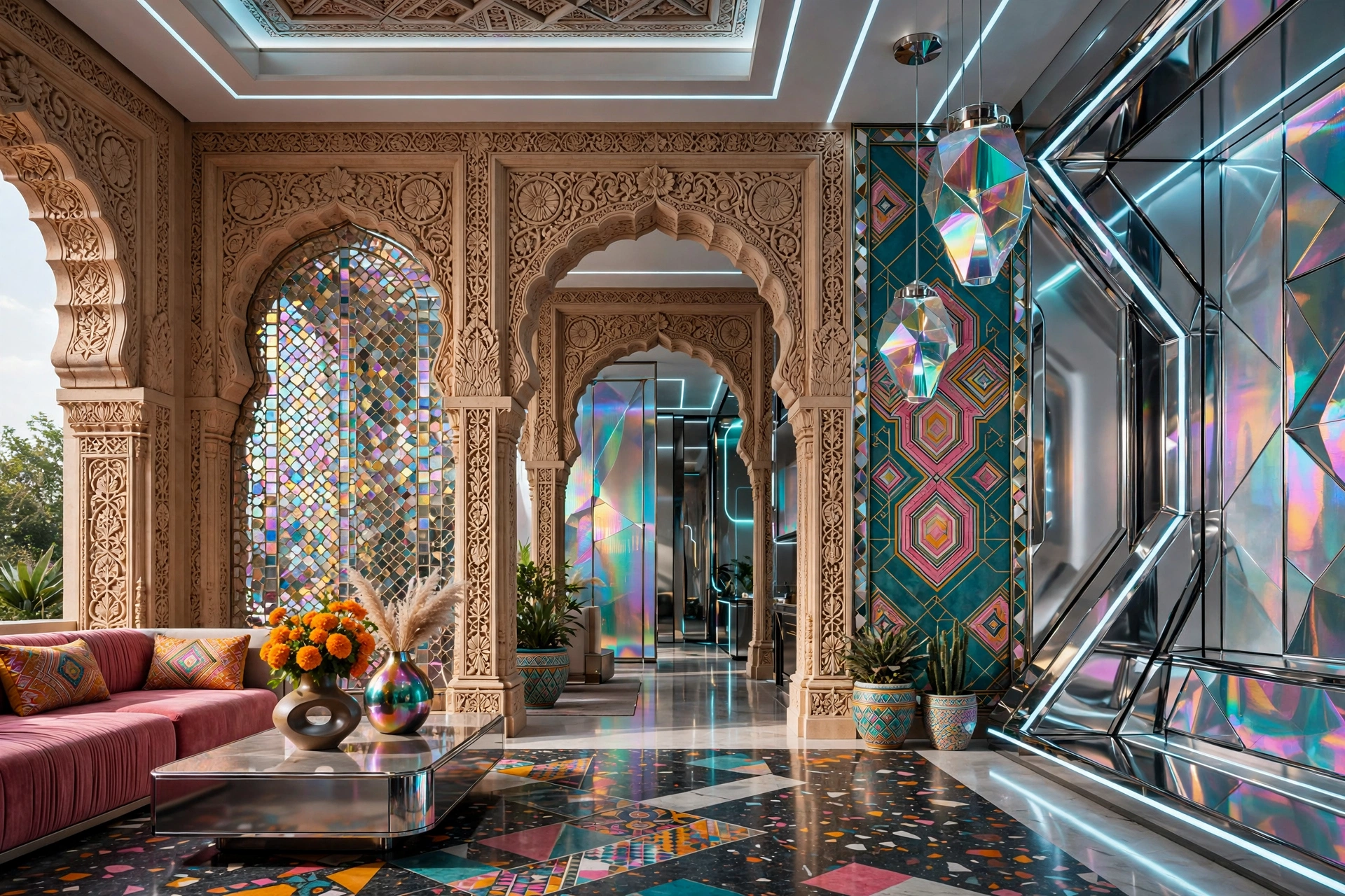 Contemporary interior with carved Rajasthani arches, patterned finishes and modern lighting